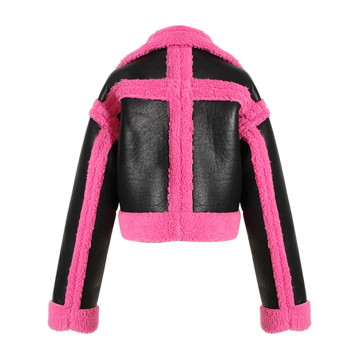 Big Collared Motorcycle Jacket Pink Contrast Color Faux Fur Fur Jacket