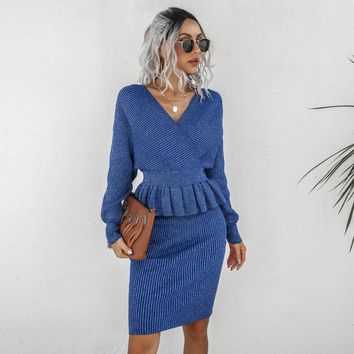 Women Clothing Autumn Winter Casual Ruffled Knitted Sweater Dress Two Piece Set