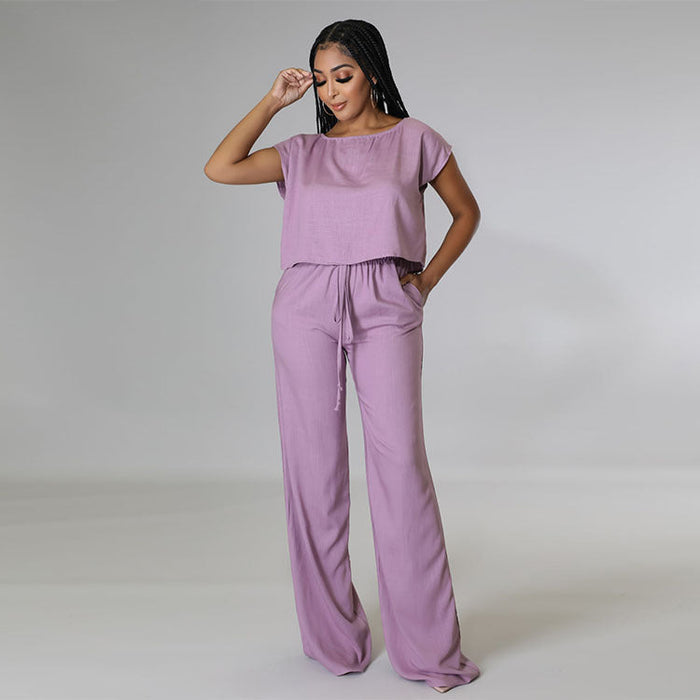 Summer Suit Solid Color Cotton Linen Small Shirt Elastic High Waist Wide Leg Pants Casual Two Piece Suit