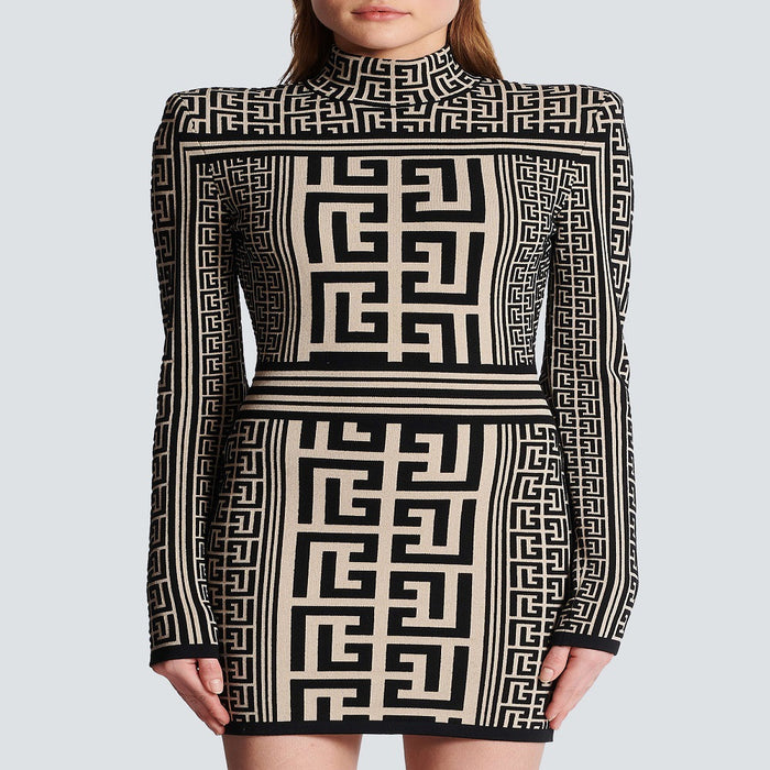 Elegant Jacquard Trend Maze Pattern Half High Collar Long Sleeves Slim Fashionable Stylish Knitted Zipper Women Dress