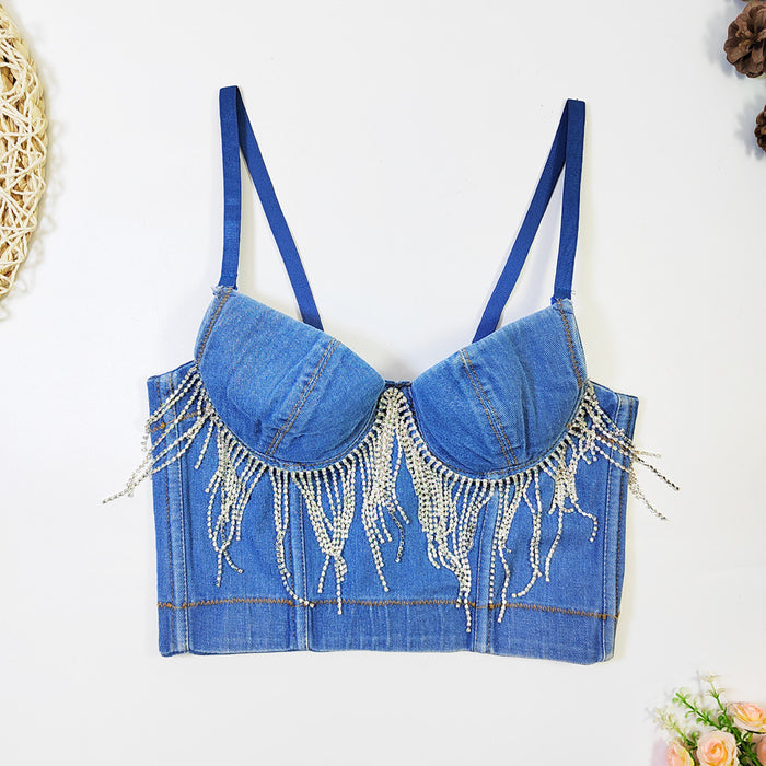 Triangle Cup Boning Corset Corset Short Sexy Tassel Chain Decoration Vest Denim Camisole V neck Tube Top