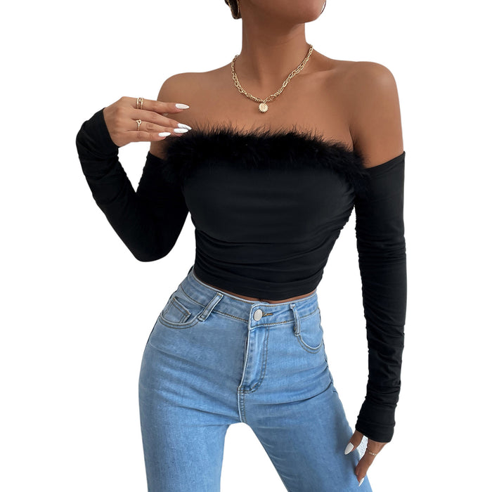 Women Summer Retro Fur Collar Tube Top Long-Sleeved Shirt off-Neck Backless off-Shoulder Top