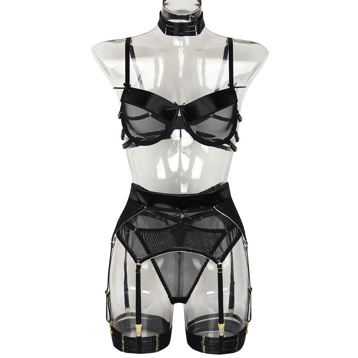 Elastic Mesh Contrast Color Tooth Edge See Through Sexy Lingerie Complex Multi Strap Five Piece Set Women