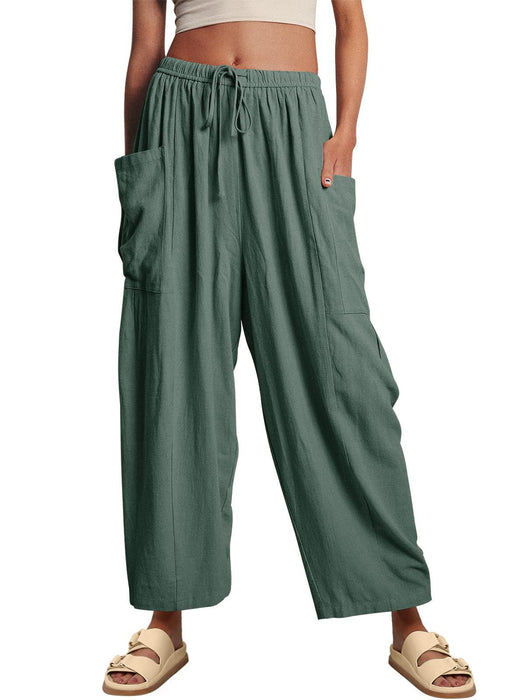 Women Clothing Elastic Waist Pleated High Waist Wide Leg Pants Loose Casual Cotton Linen Trousers