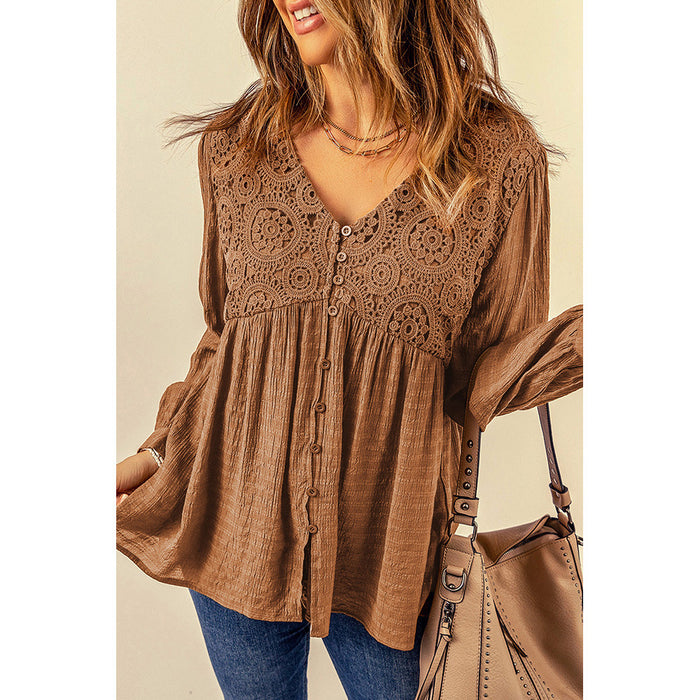 Brown Lace Crochet Button V neck Little Girl Clothes Top Fall Women Clothing