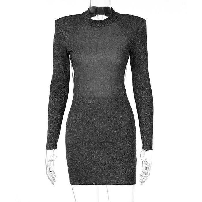 Women Clothing Autumn Sexy Backless Round Neck Long Sleeve Narrow Dress