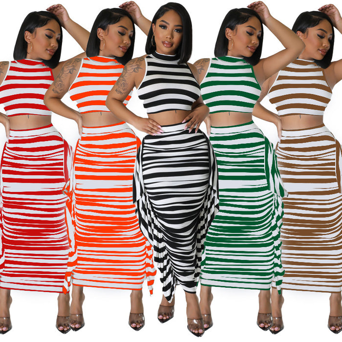 Women Clothing Summer Set Striped Cropped Sleeveless Vest Dress Two Piece Set