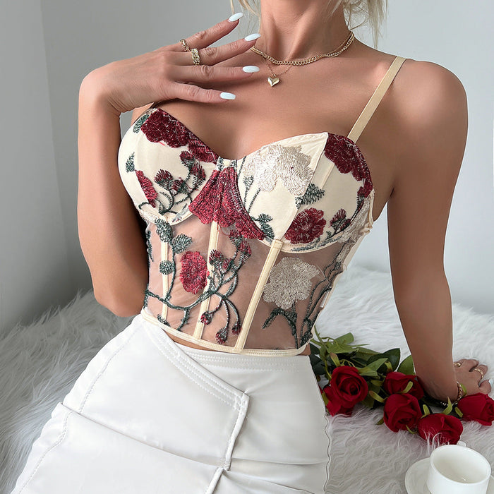 Retro Net Yarn Floral Embroidered Steel Ring Boning Corset Vest