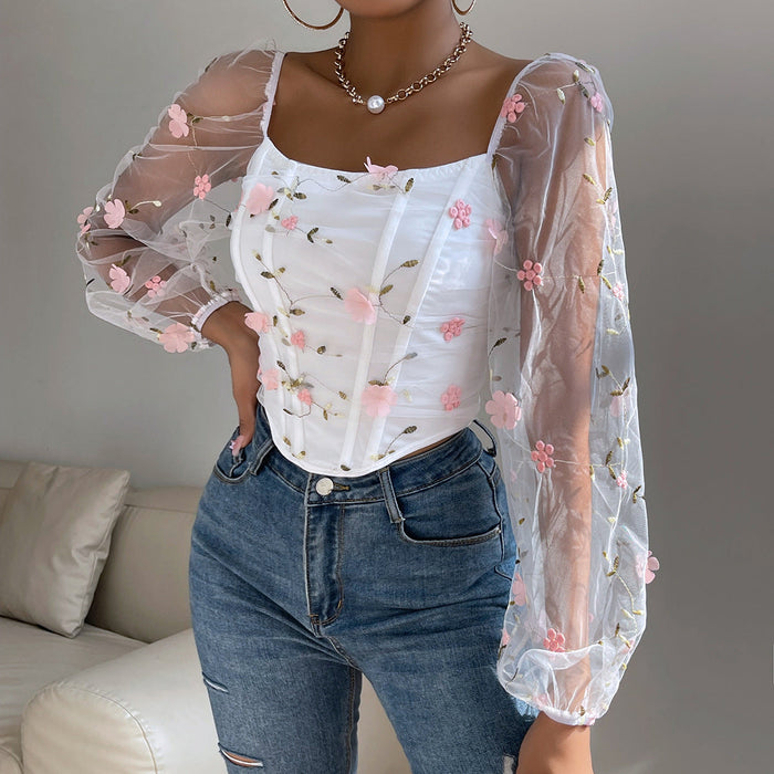 Women Clothing Sexy Mesh See through Embroidered Floral Double Layer Boning Corset Long Sleeve Bra