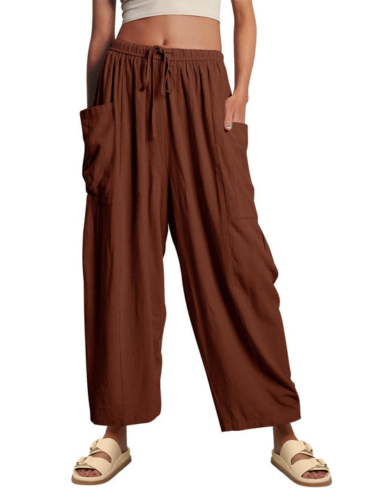 Women Clothing Elastic Waist Pleated High Waist Wide Leg Pants Loose Casual Cotton Linen Trousers