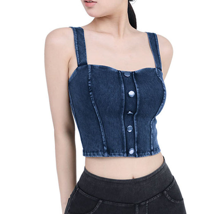 Women Faux Denim Workout Yoga Vest High Elastic U Shaped Strap With Chest Pad Slimming Metal Buckle Sling Sports Casual Top