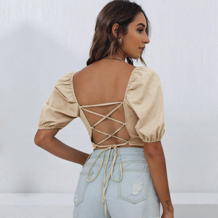 Women Clothing Spring Summer Square Collar Solid Color Backless Lace up T-shirt Navel-Exposed Casual Top for Women