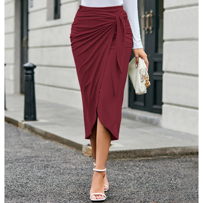 Spring Summer Women Clothing Solid Color Tied Fold Split Skirt