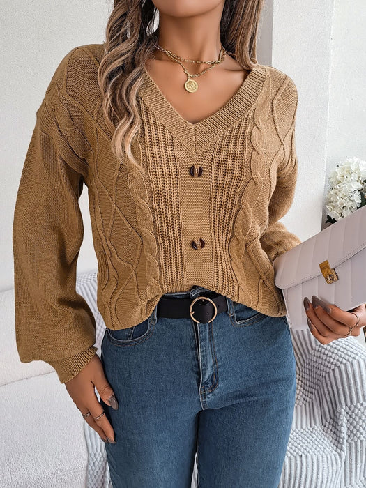 Autumn Winter Solid Color V neck Buttons Twist Lantern Sleeve Pullover Sweater Women Clothing