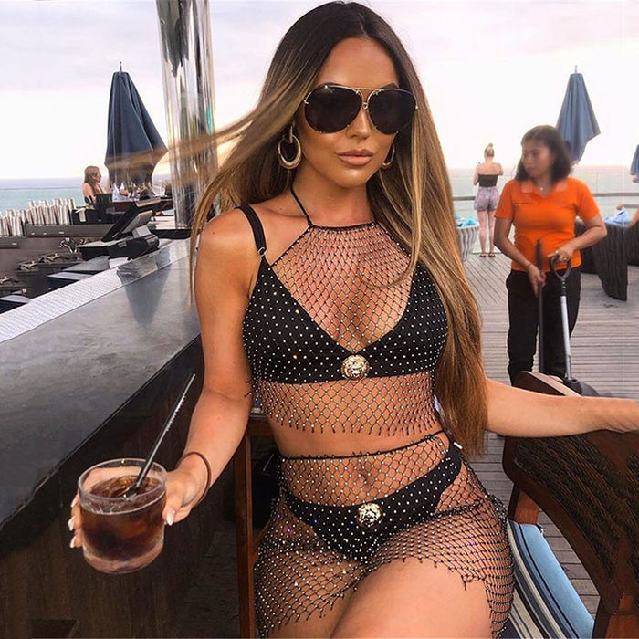 Sexy Sling Skirt Flash Diamond Mesh Fishing Net Beach Blouse Rhinestone Sling Skirt Set