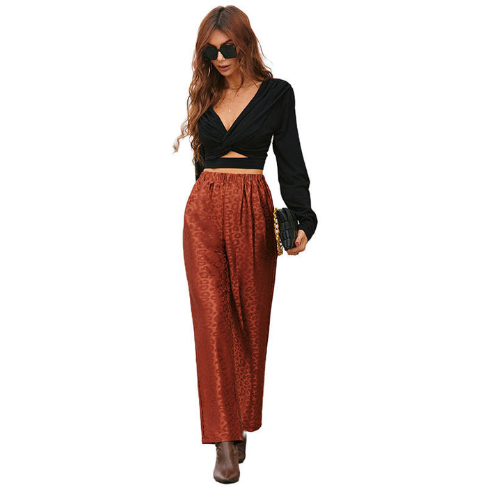 Autumn Sexy Bronzing Leopard Print Elastic Waistband Lace up Loose Wide Leg Pants