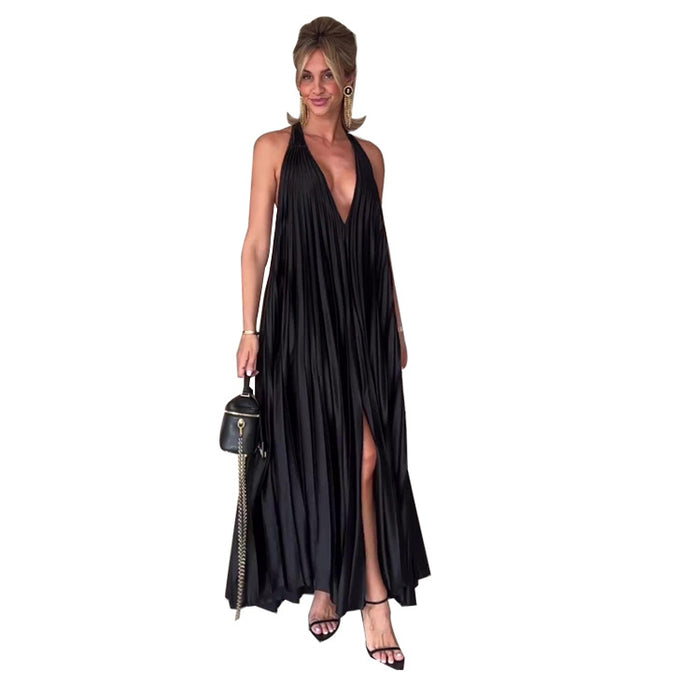 Women Clothing Popular Elegant Pleated Halter Solid Color Dress