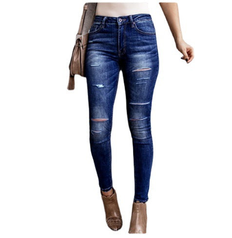 Autumn Winter Stretch Skinny Water Washed Hole Jeans Women Sexy Denim Hip Lifting