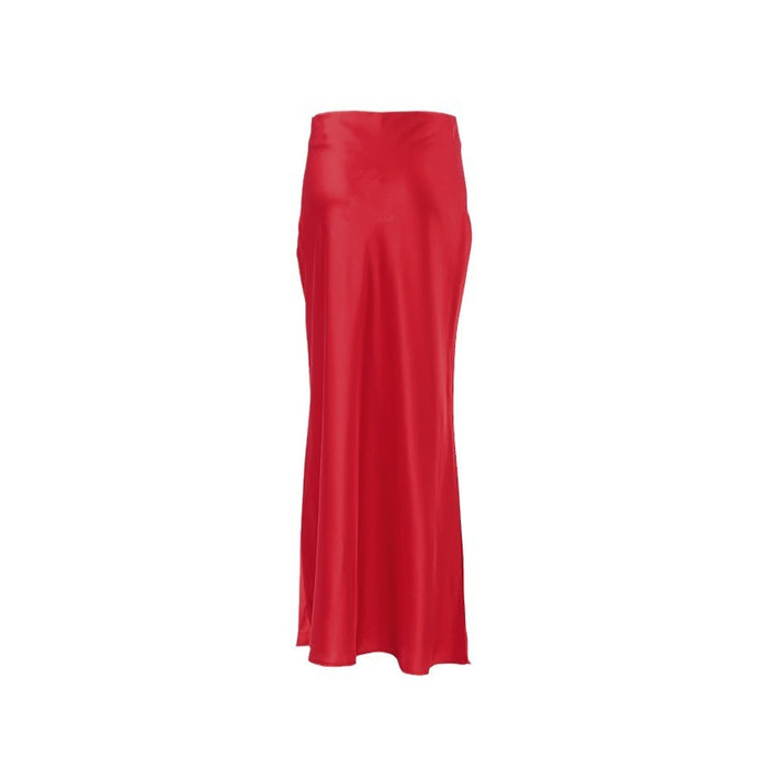 Red High Waist Fishtail Ankle High Skirt Thin Soft Matte Satin Skirt Autumn