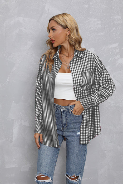 Women Top Autumn Collared Plaid Colorblock Loose Casual Shirt