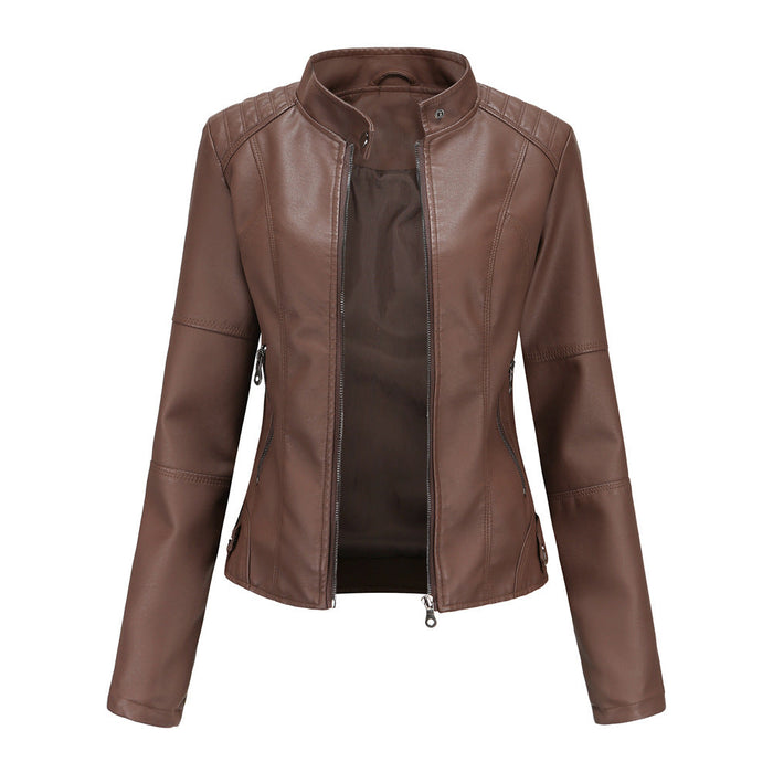 Women Leather Jacket Women Slim Jacket Thin Spring Autumn Coat Women Motorcycle Clothing Stand Collar Leather Jacket