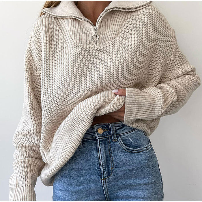 Zipper Sweater Pullover Knitted Loose Casual Women Clothing Women Autumn Winter