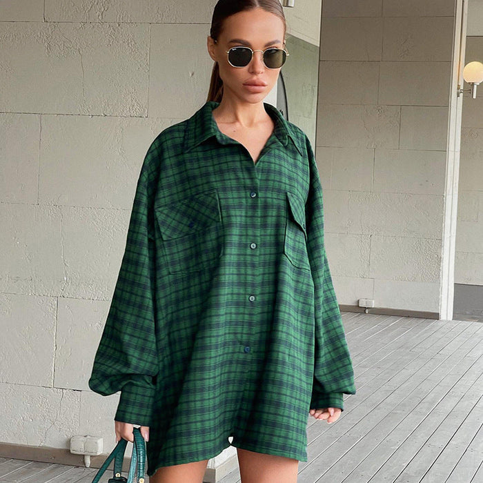 Women  Clothing Retro Plaid Shirt Green Boyfriend Mid Length Loose Oversize Shirt