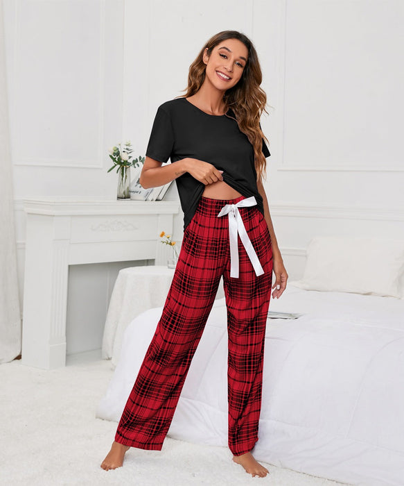 Solid Color round Neck T Printed Checks Women Casual Suit Homewear Pajamas Women