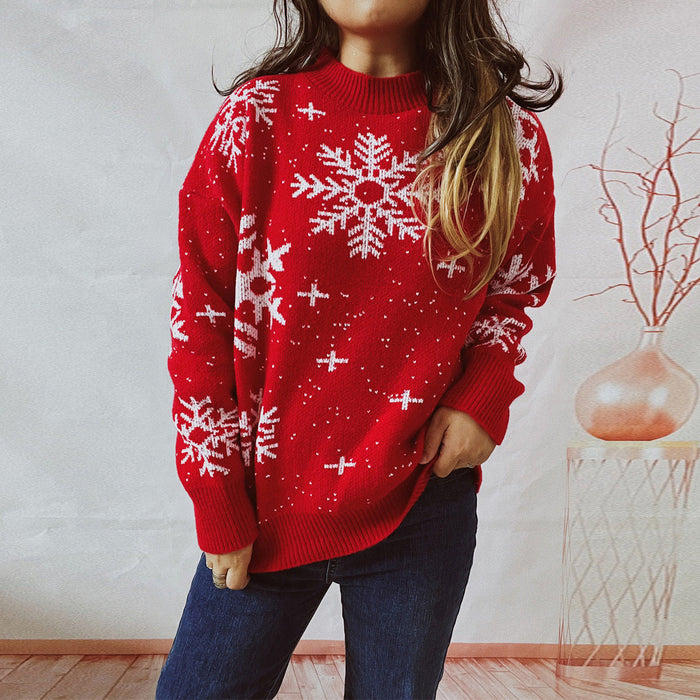 Autumn Winter Thickened Year Sweater Christmas Snowflake Round Neck Long Sleeve Knitted Pullover