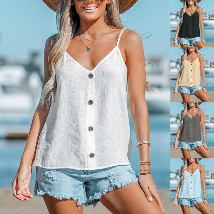 Summer Button V neck Buckle Texture Strappy T shirt Top for Women