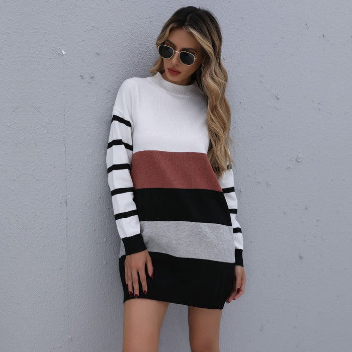 Women Clothing Autumn Winter Color Matching Fashionable Long Knitted Base Sweater Dress