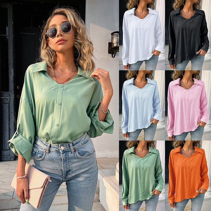 Summer Women Clothing Solid Color Long Sleeve Breasted V-neck Top Loose Shirt T-shirt Women