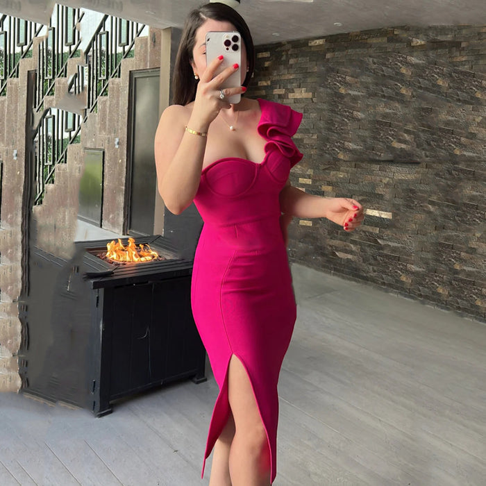 Summer Sexy One Shoulder Bandage Dress Ruffled Elegant Slim Fit Party Dress