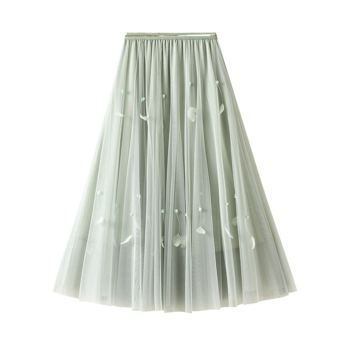 Super Fairy Skirt A- Line Skirt Mid-Length Expansion Skirt Women Autumn High Waist Feather Pettiskirt