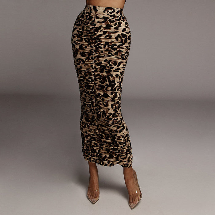 Autumn Winter High Waist Leopard-Print Skirt Sexy Tight Fold Split Mid Length Skirt