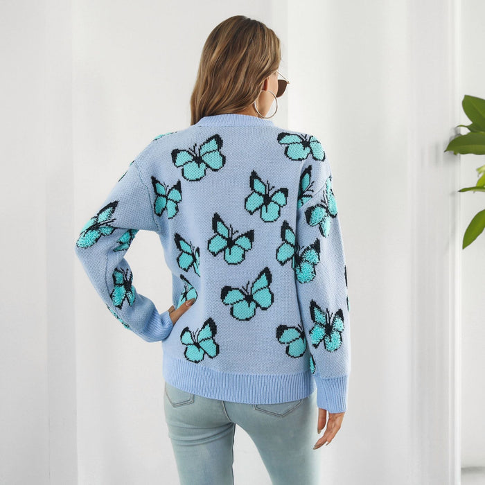 Butterfly Animal Brocade Sweater Women Loose Autumn Winter Long Sleeve Knitwear Sweater