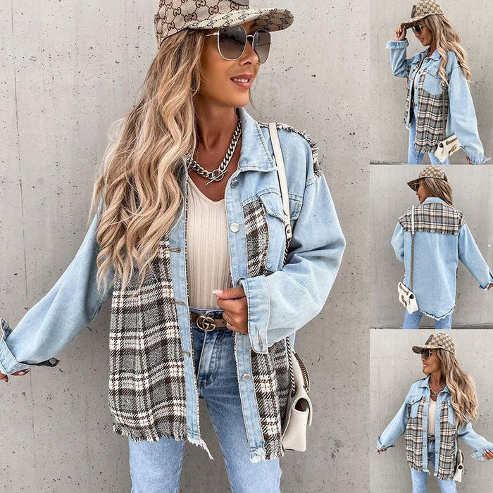 Autumn Winter Denim Stitching Plaid Coat Loose Top for Women