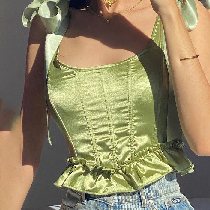 Women Clothing Summer Fashionable Green Ruffled Silk Lace Up Waist Top