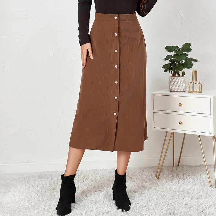 Women Clothing Boutique Corduroy Skirt Single Breasted High Waist Autumn Winter Maxi Women Skirt