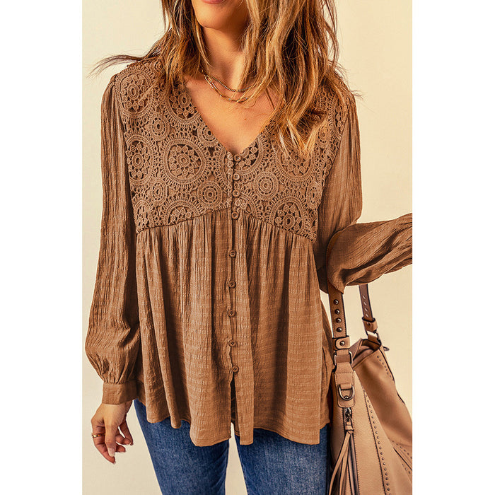 Brown Lace Crochet Button V neck Little Girl Clothes Top Fall Women Clothing