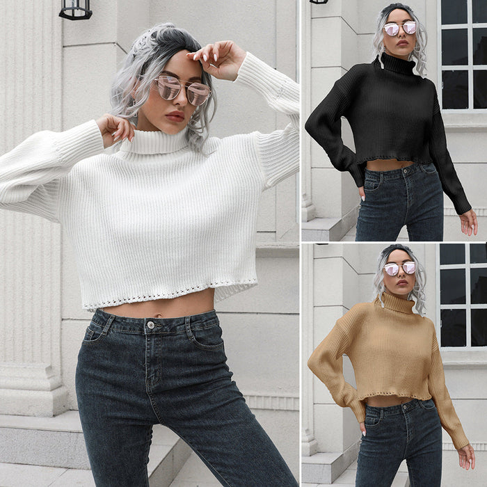 Hollow-out High Neck Short Sweater Women Loose Autumn Winter Long-Sleeved Knitwear Sweater