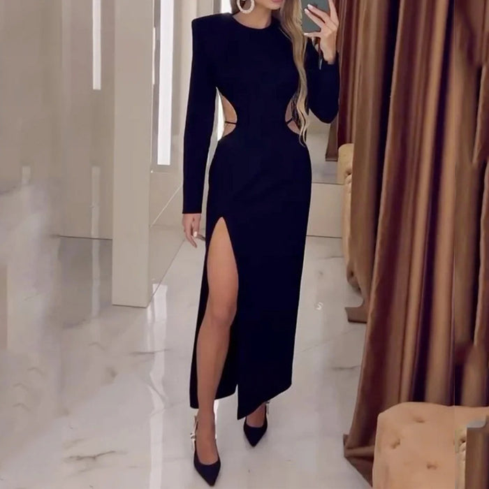 Women Clothing Summer Long Sleeve Hollow Out Cutout Out Solid Color Strap Dress