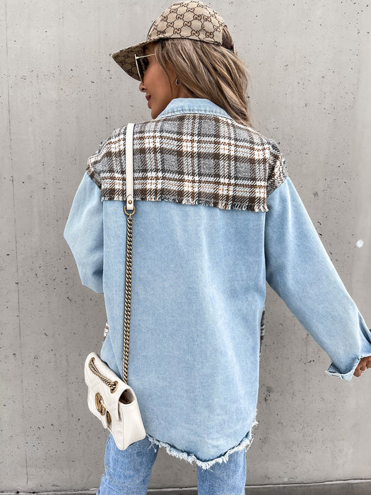 Autumn Winter Denim Stitching Plaid Coat Loose Top for Women