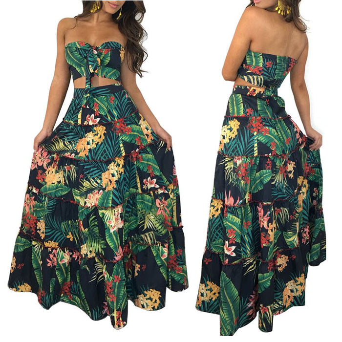 Popular Classic Tropical Leaf Printing Skirt Set Multi Size Wooden Ear Beach Skirt Two Piece Set