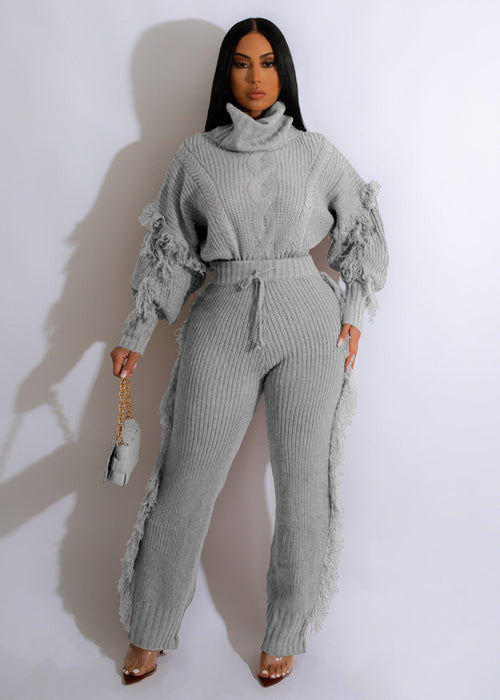 Women Clothing Casual Solid Color Knitted Long Sleeve Turtleneck Tassel Suit