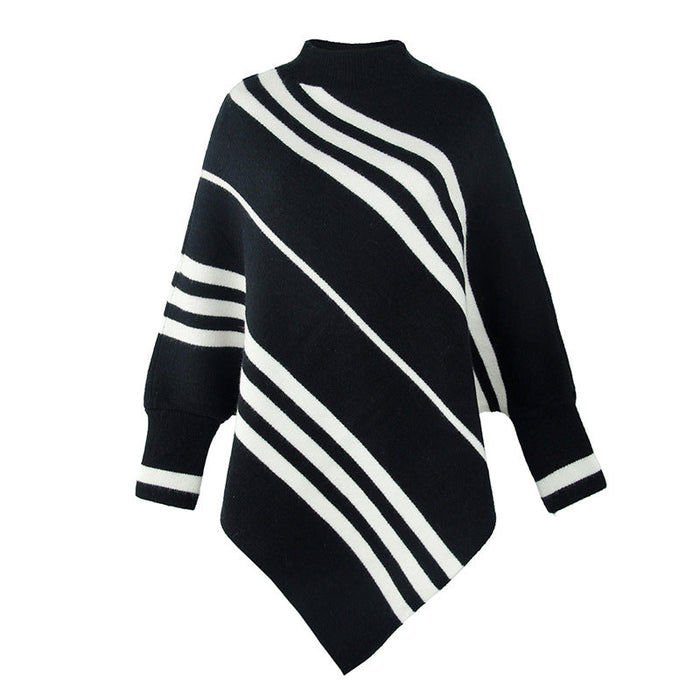 Autumn Winter Cape Shawl Women Sweater round Neck Striped Sweater