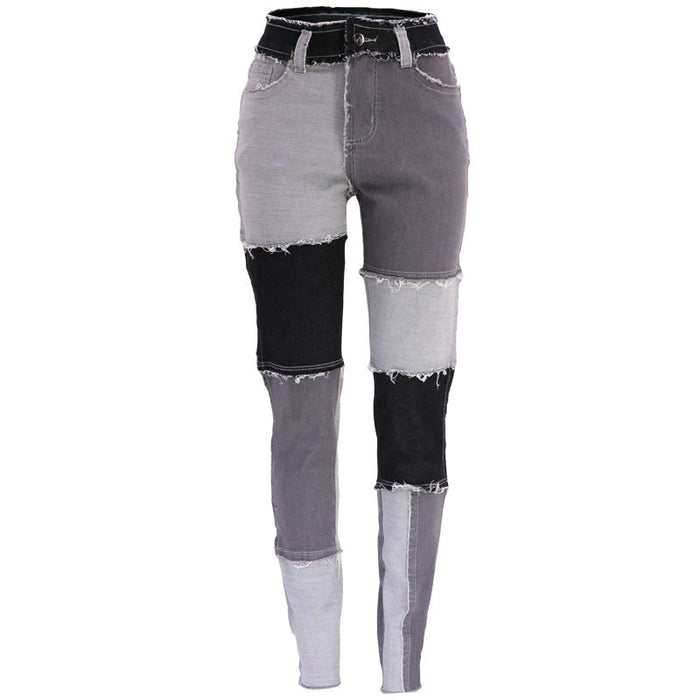 Spring Autumn Stitching Office Trousers High Waist High Elastic Jeans