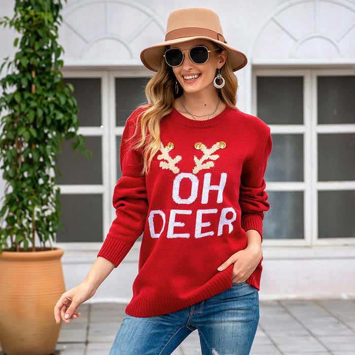 Autumn Winter Sweater Women Christmas Loose Idle Letters Antlers Crew Neck Pullover Sweater