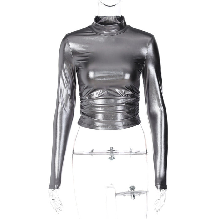 Women  Clothing Spring Metallic Street Hipster Half High Collar Long Sleeves Tight T shirt Top