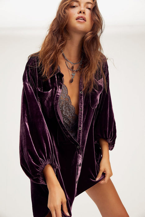 Autumn Winter Pleuche    New Loose Lantern Sleeve Long Shirt Top